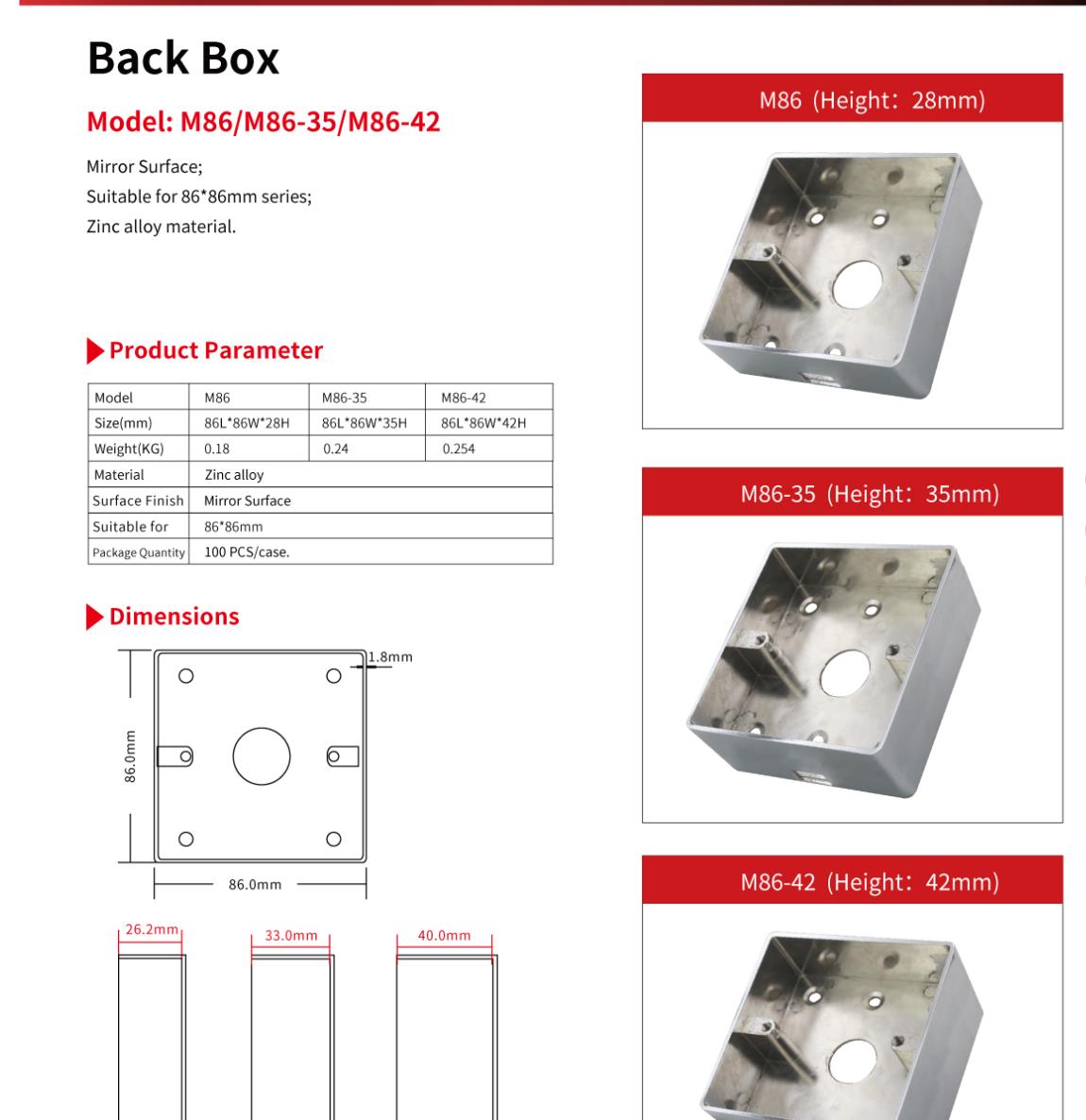 Back Box M86 dimensions and product versions
