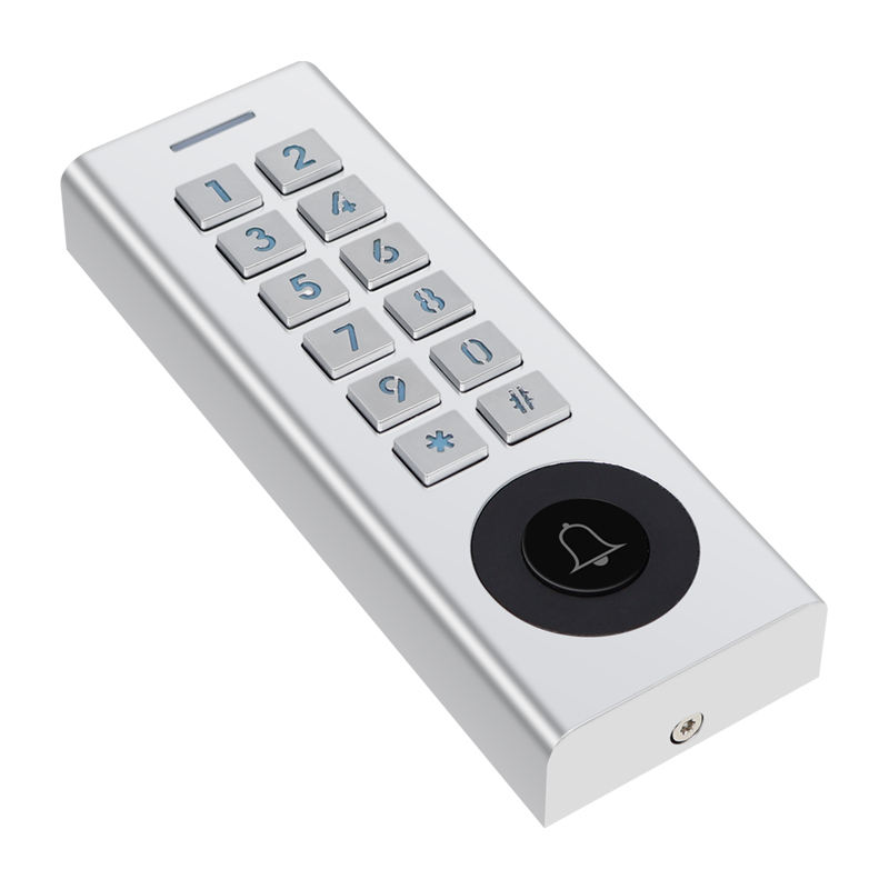 Metal access control keypad front view with doorbell button