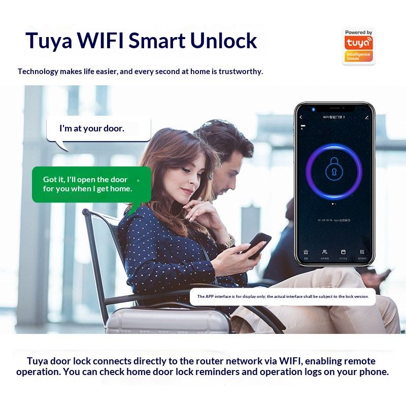 Tuya WiFi smart door lock remote unlock from smartphone