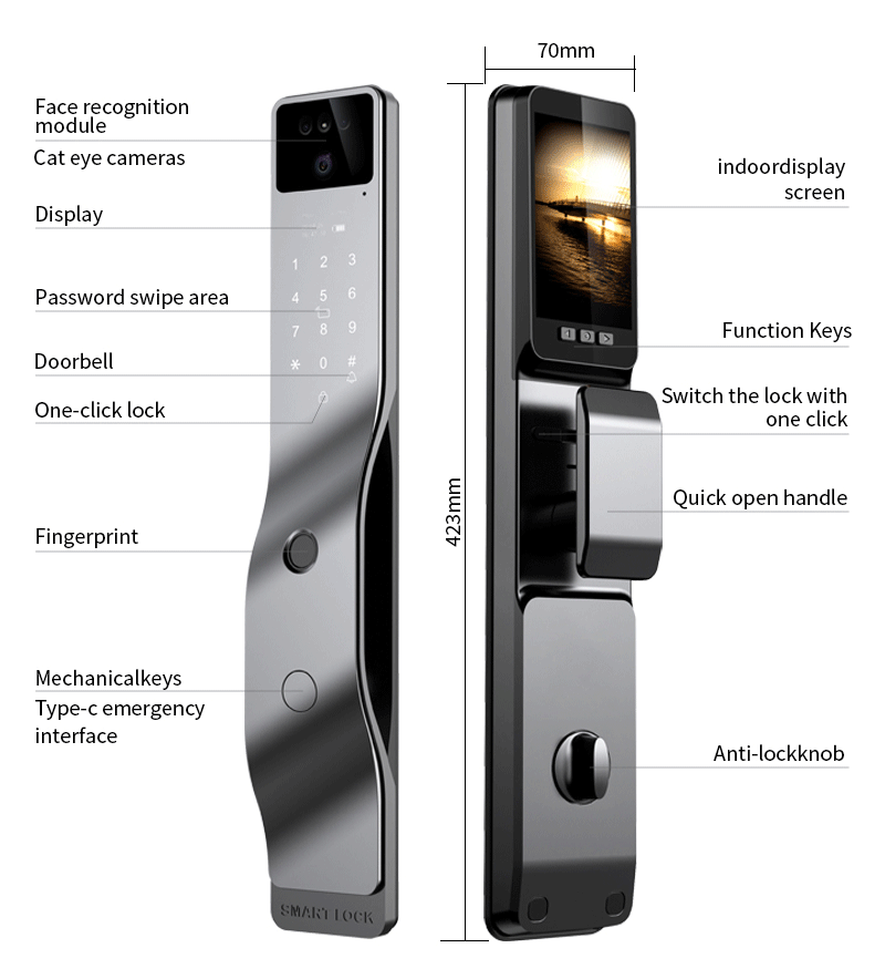 Smart door lock details face recognition camera fingerprint