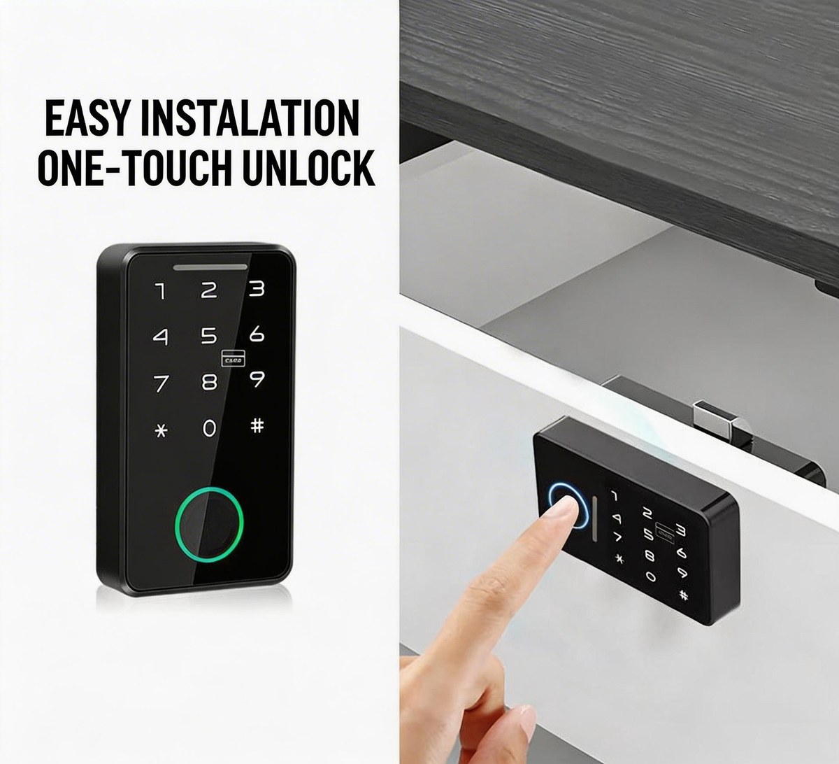 Finger touch unlocking smart drawer lock installed on white drawer