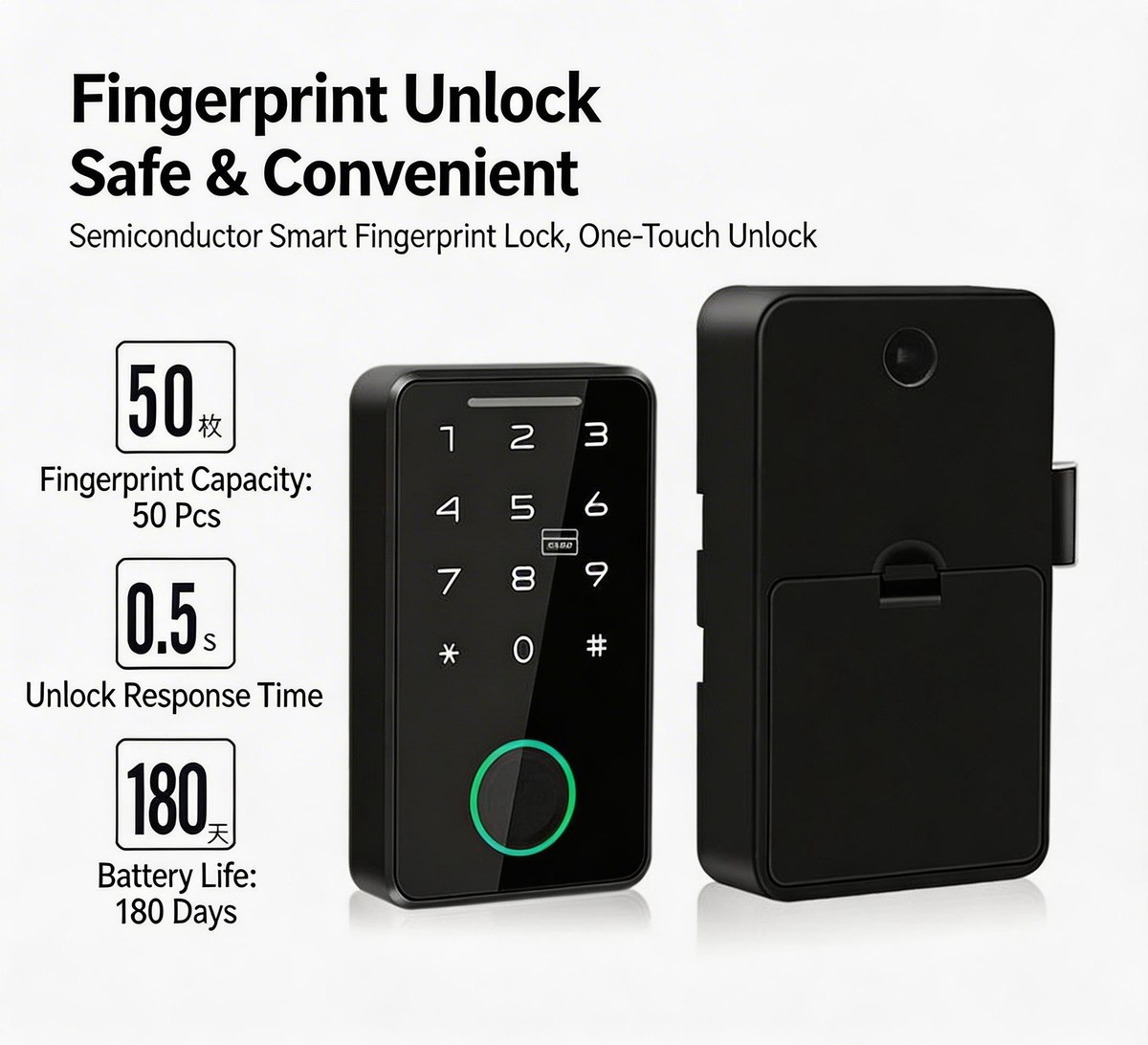 Smart fingerprint lock specifications 50 prints 0.5s response 180 days battery