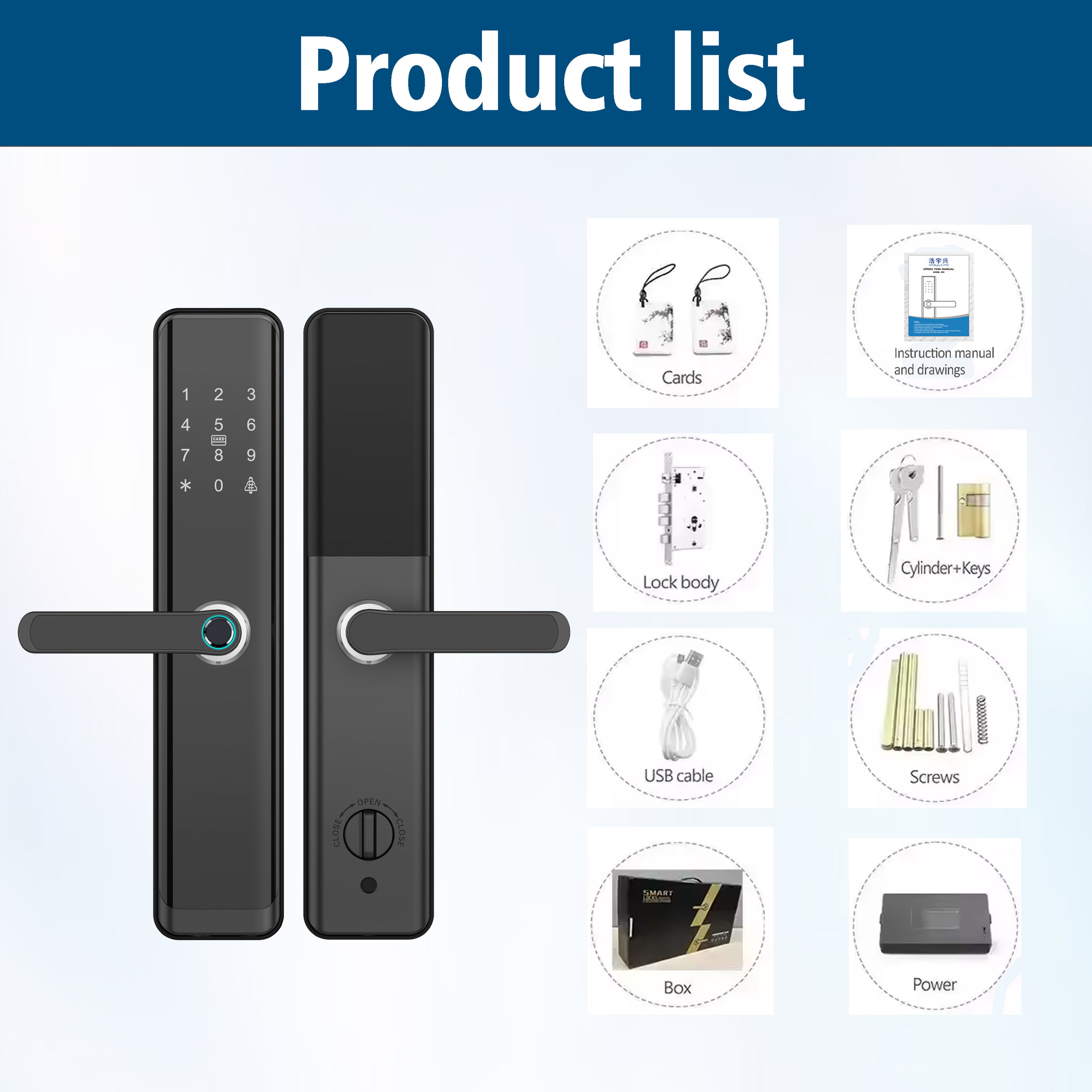 Smart door lock package contents cards lock body cylinder keys