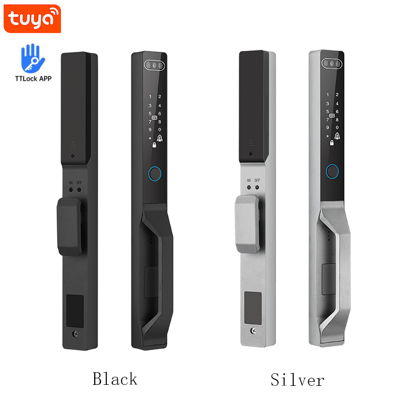 Smart door lock in black and silver with face camera and keypad