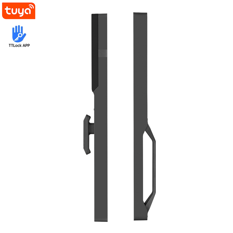 Smart door lock side view inside with thumb turn and outside with handle