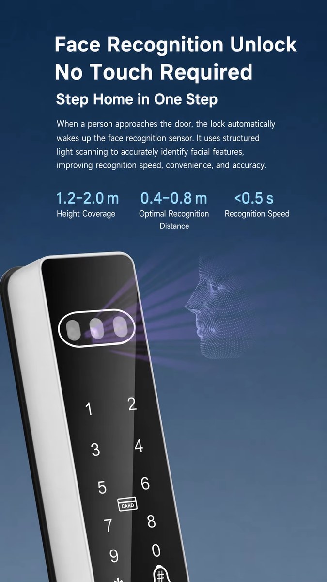 Face recognition unlock no touch required structured light scanning height coverage