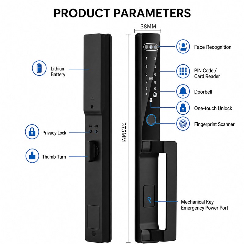 Smart lock product parameters face recognition PIN code card reader doorbell fingerprint scanner