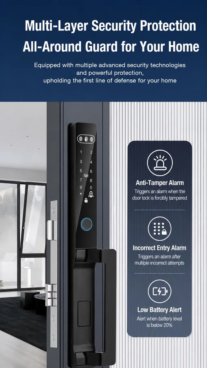 Multi layer security protection anti tamper alarm incorrect entry alarm low battery alert