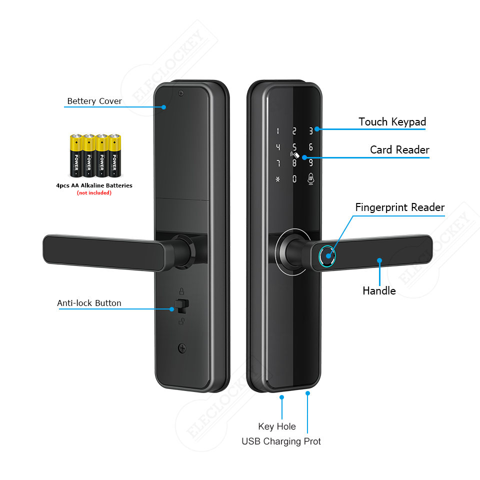 Smart door lock details battery fingerprint keypad