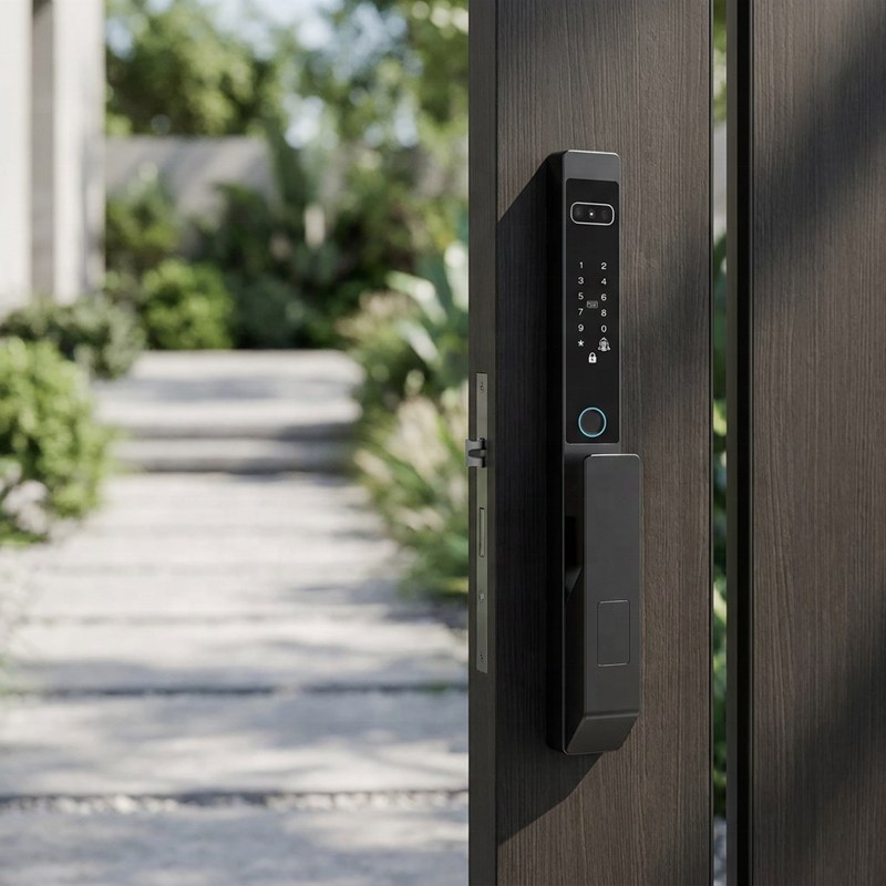 Smart door lock installed on wooden door in outdoor courtyard