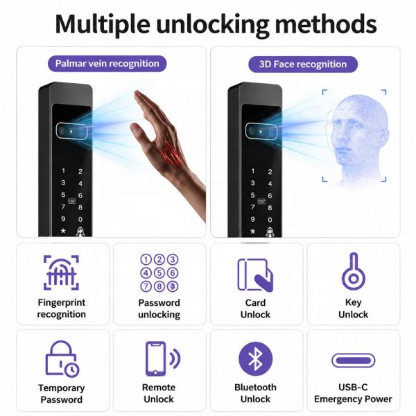 3D Face Recognition Smart Door Lock SK-H8 – Palm Vein WiFi Lock with 3000mAh Battery