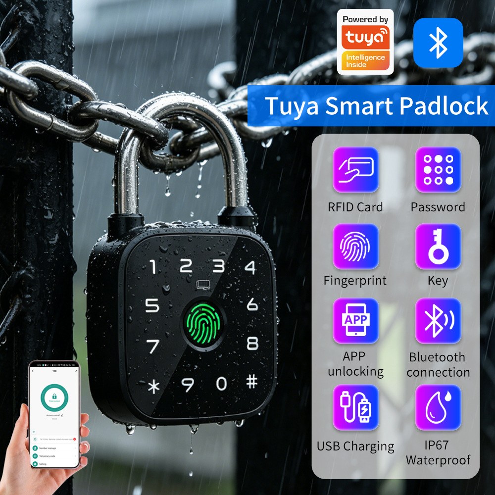 Smart padlock in rain with phone app RFID card password fingerprint and key icons