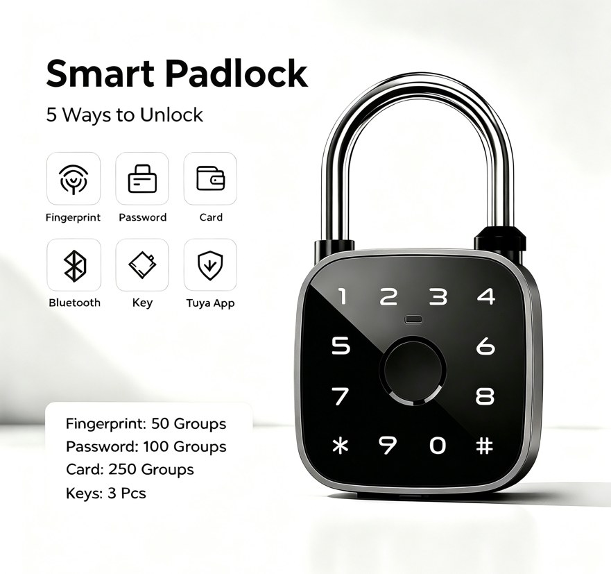 Five unlock methods fingerprint password card bluetooth key and Tuya app on smart padlock