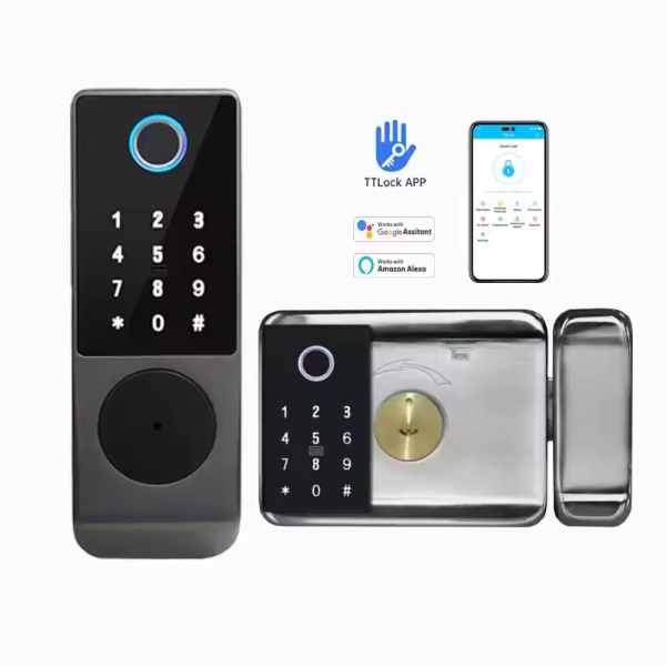 TTLock WiFi Smart Rim Gate Lock SK-NT4 – Waterproof Fingerprint Lock for Wooden Steel Aluminum Doors