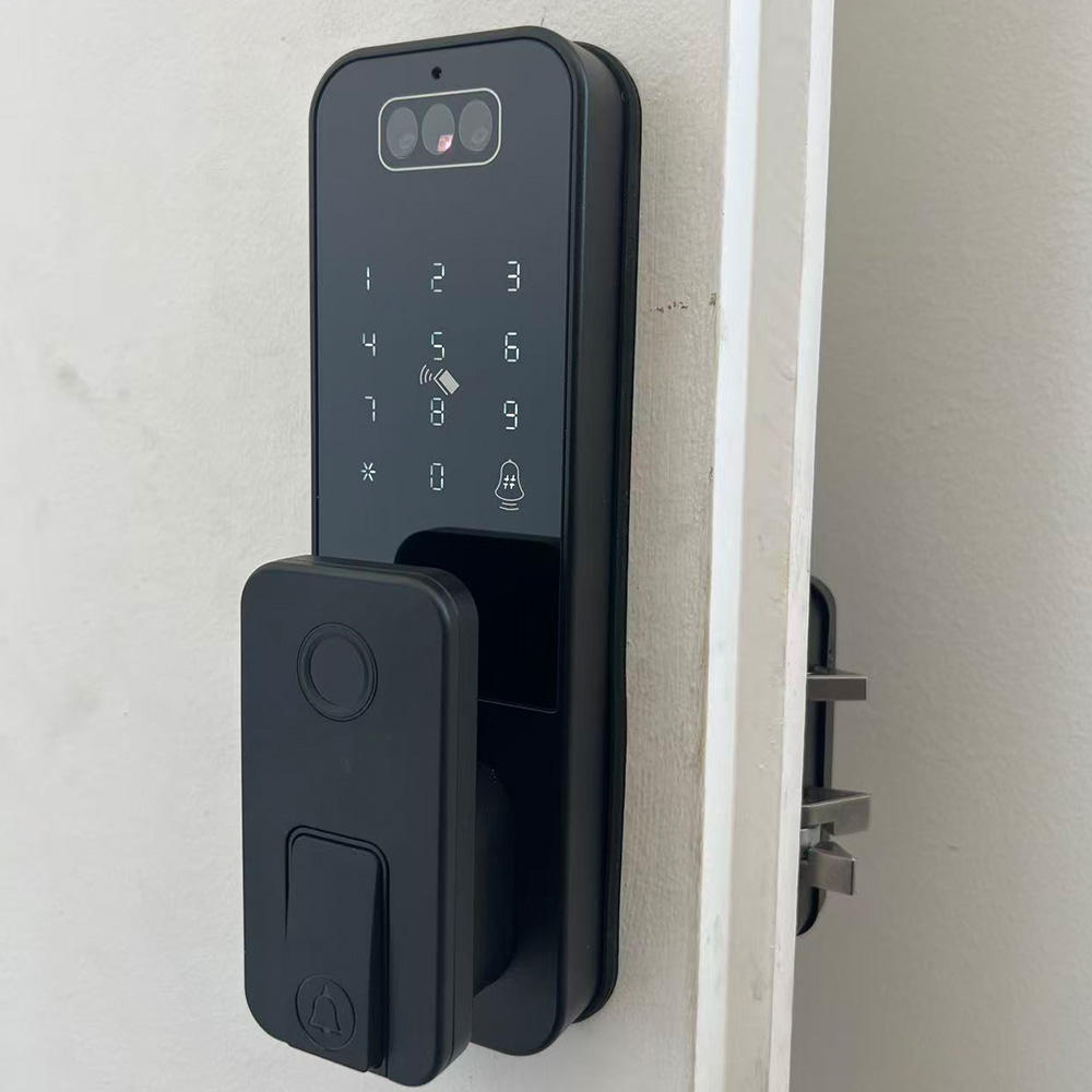 Smart door lock installation on wooden door