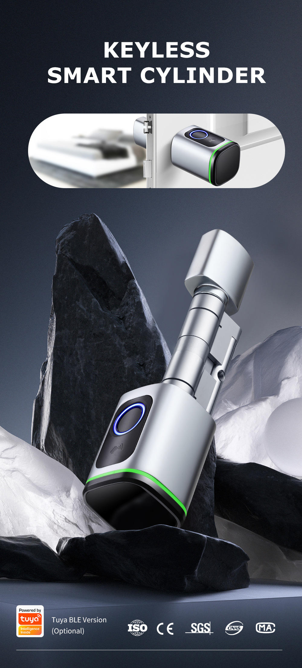 Keyless smart cylinder with Tuya BLE and certifications