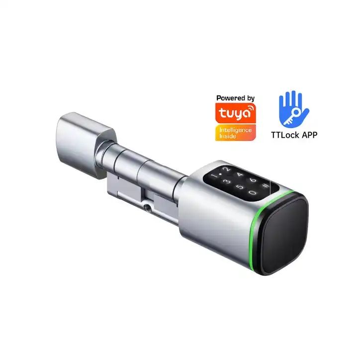 Silver electronic lock cylinder with keypad and TTLock app support