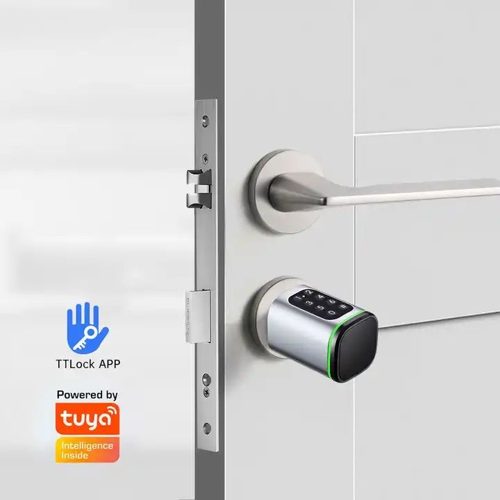 Smart cylinder lock installed on door with green accent light