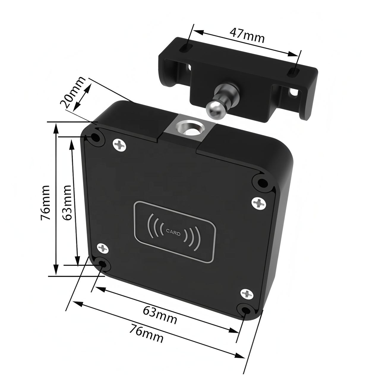 Cabinet lock dimensions 76mm by 63mm with 47mm latch