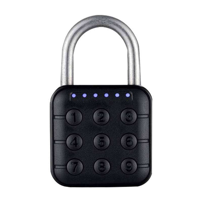 Keypad padlock with blue indicator lights on white background