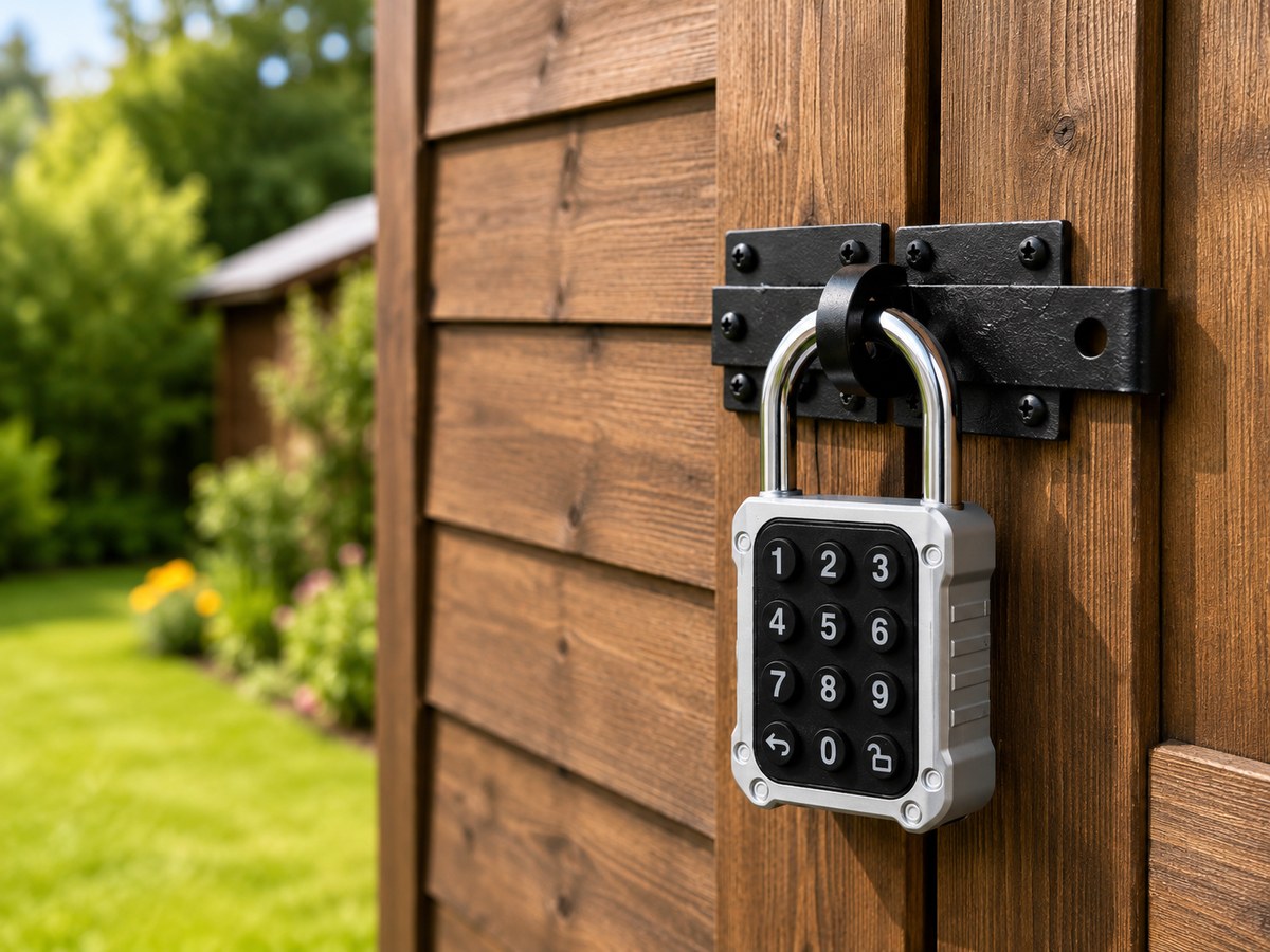 Password padlock on garden gate in outdoor setting