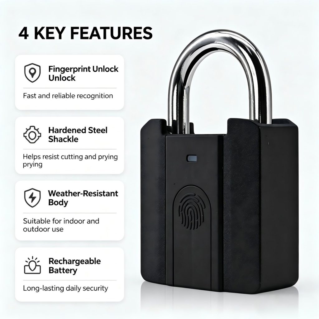 Smart Fingerprint Padlock SK-U703 – IP67 Waterproof, Tuya App, USB Rechargeable, 304 Stainless Steel Shackle