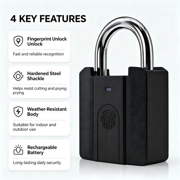 Smart Fingerprint Padlock SK-U703 – IP67 Waterproof, Tuya App, USB Rechargeable, 304 Stainless Steel Shackle