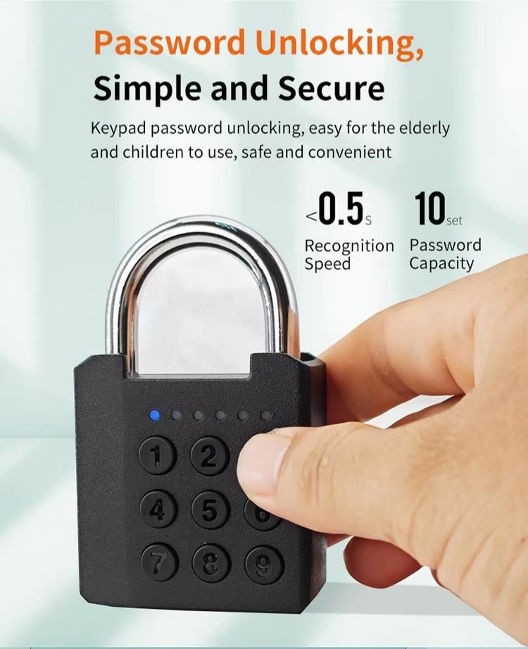 Finger pressing keypad password on smart padlock