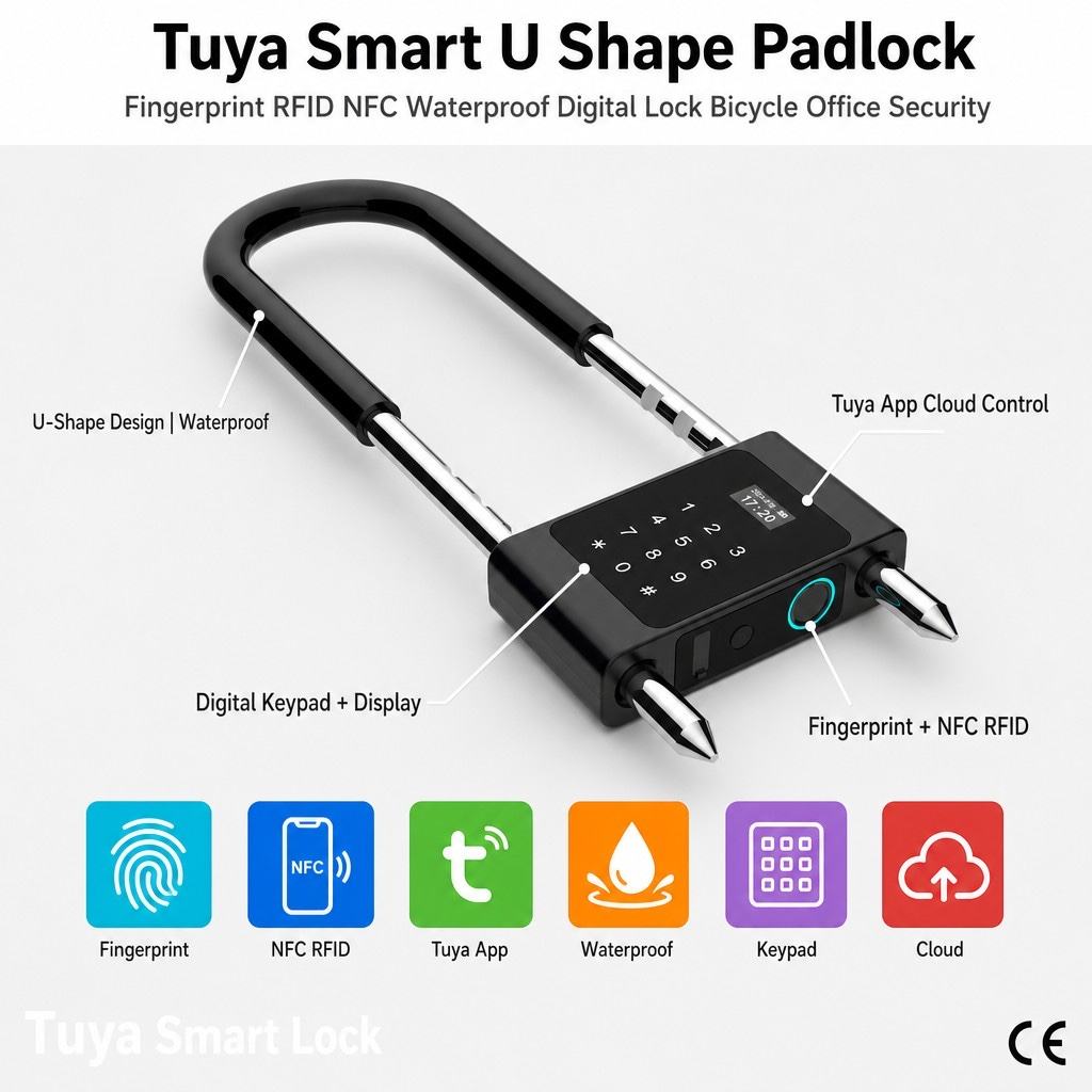 U-shaped padlock features fingerprint NFC RFID keypad and Tuya cloud control