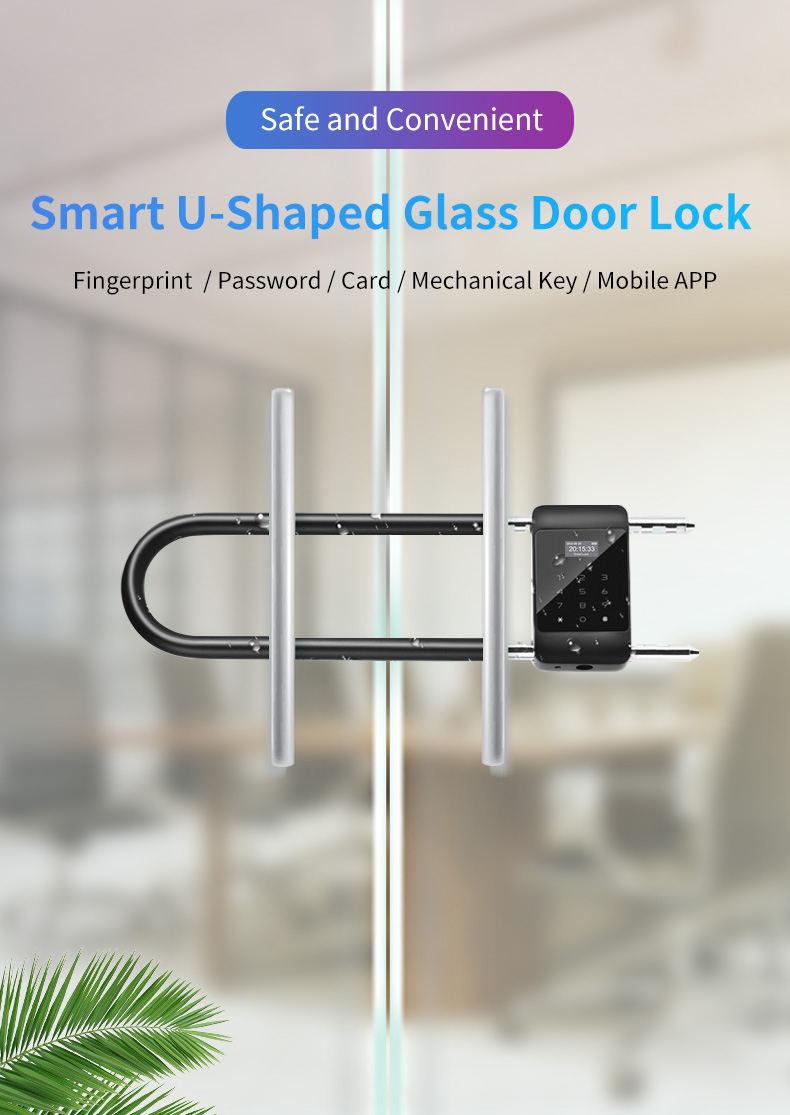 U-shaped smart padlock installed on glass door