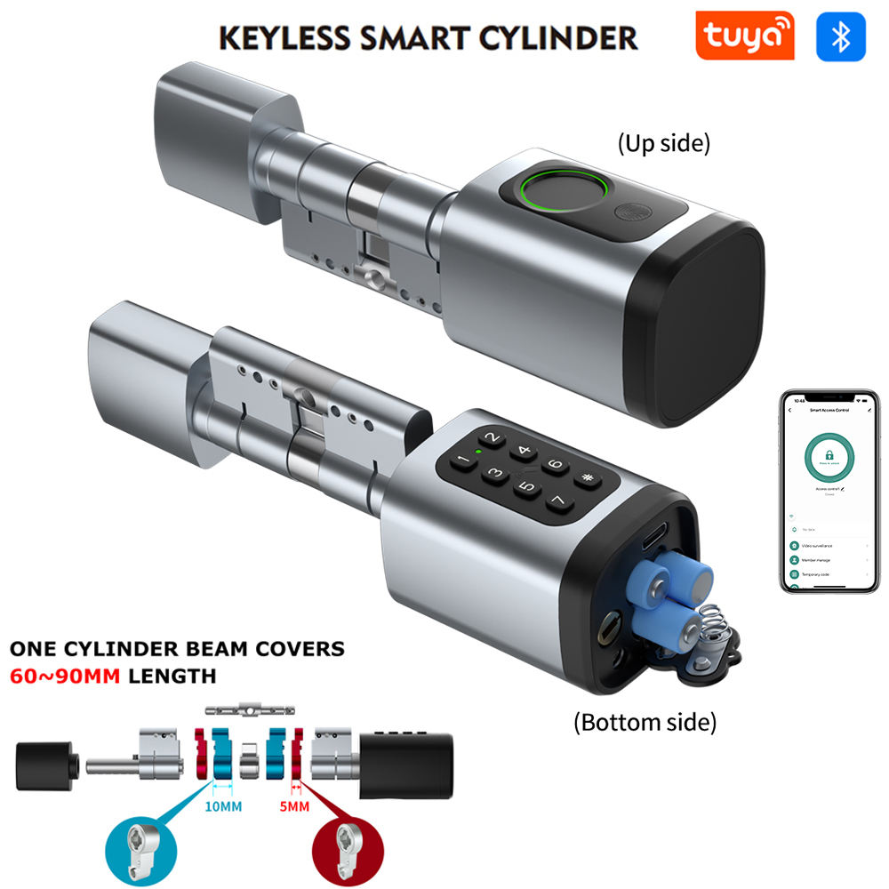 Keyless smart cylinder lock upper and lower views with phone app