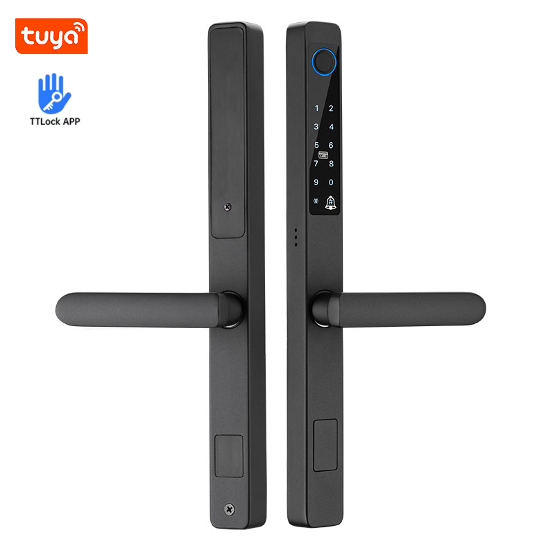 Smart door lock inside and outside panels with fingerprint and keypad