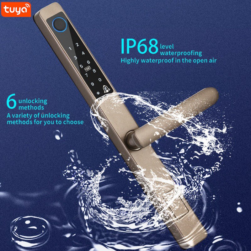 Waterproof smart lock in champagne gold with water splashes IP68