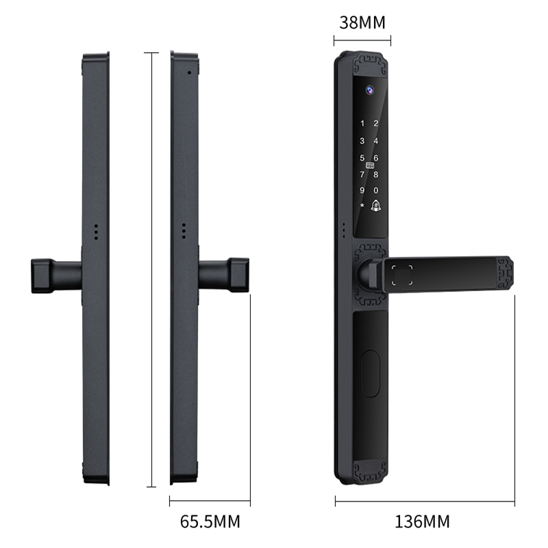 Smart lock dimensions back view side view front panel 38mm 65.5mm 136mm