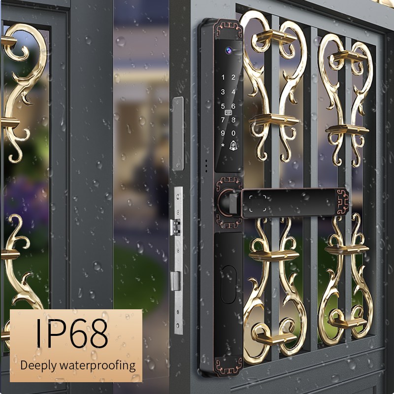 Smart lock installed on metal gate with water droplets IP68 deeply waterproofing