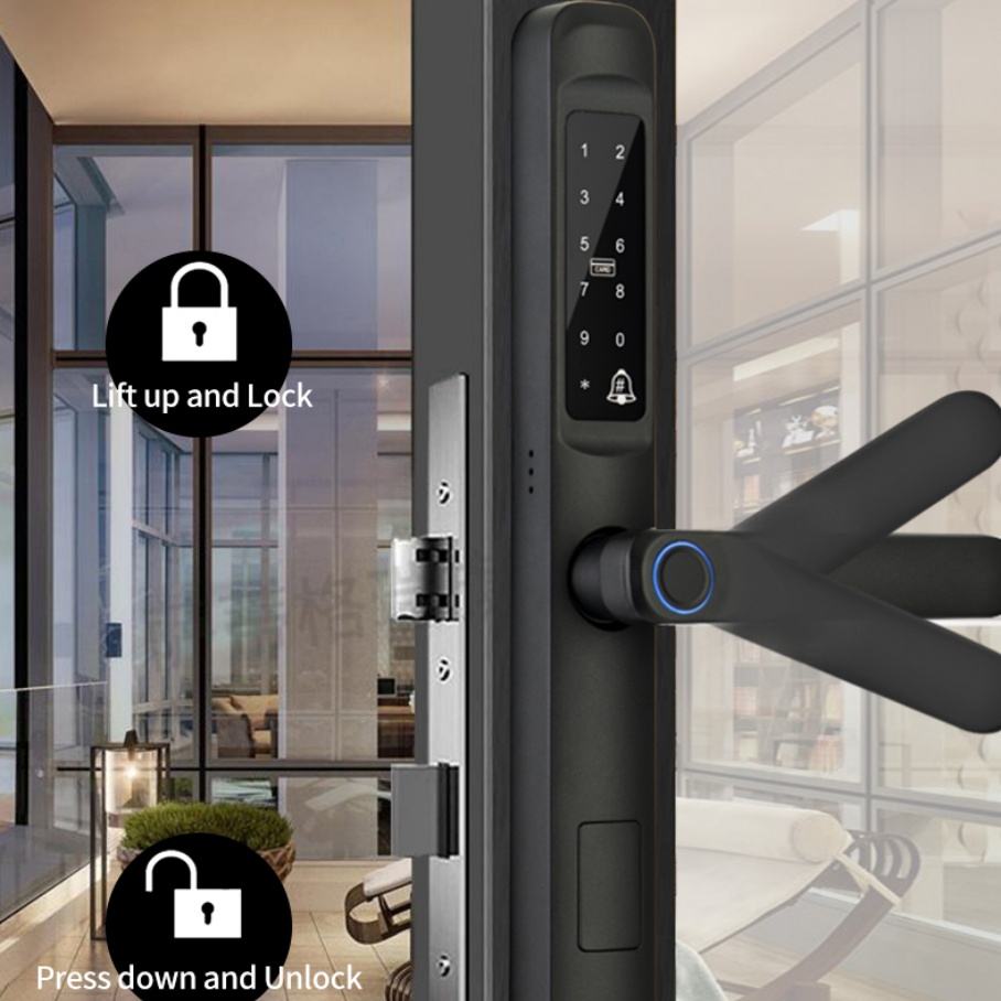 Smart door lock installed on glass door lift up to lock press down to unlock
