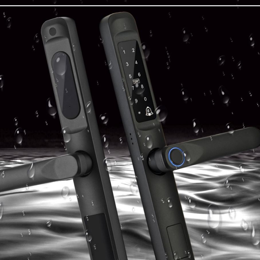 Waterproof smart door lock shown with water droplets
