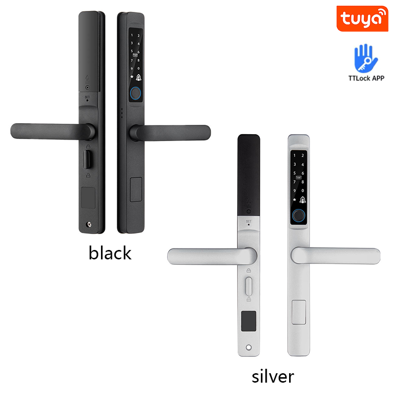 Smart door lock in black and silver colors with Tuya and TTLock app