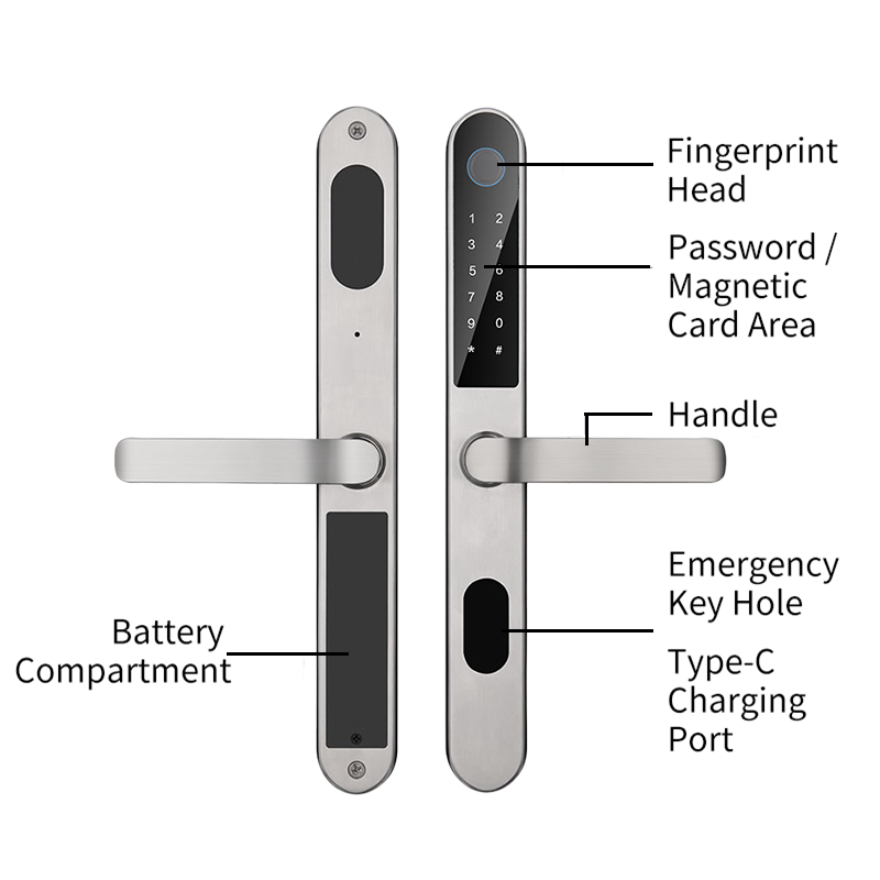 Smart lock parts fingerprint head password card area handle emergency key and Type-C charging