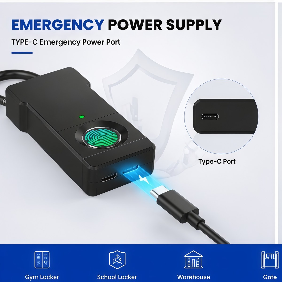 Emergency power supply for gym locker school locker warehouse and gate smart lock