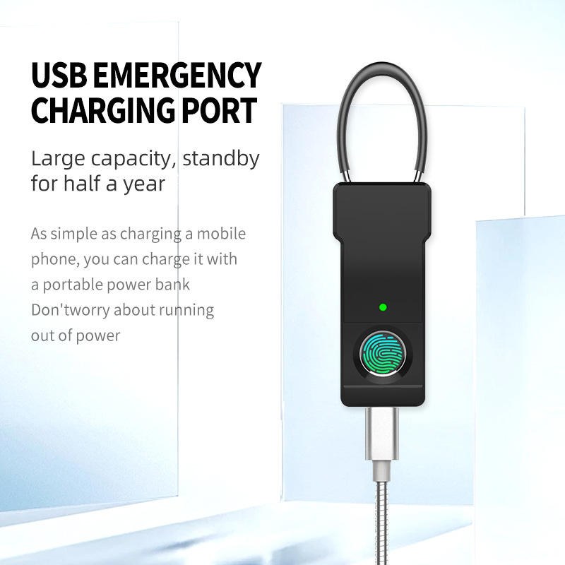 USB emergency charging port on fingerprint cable lock