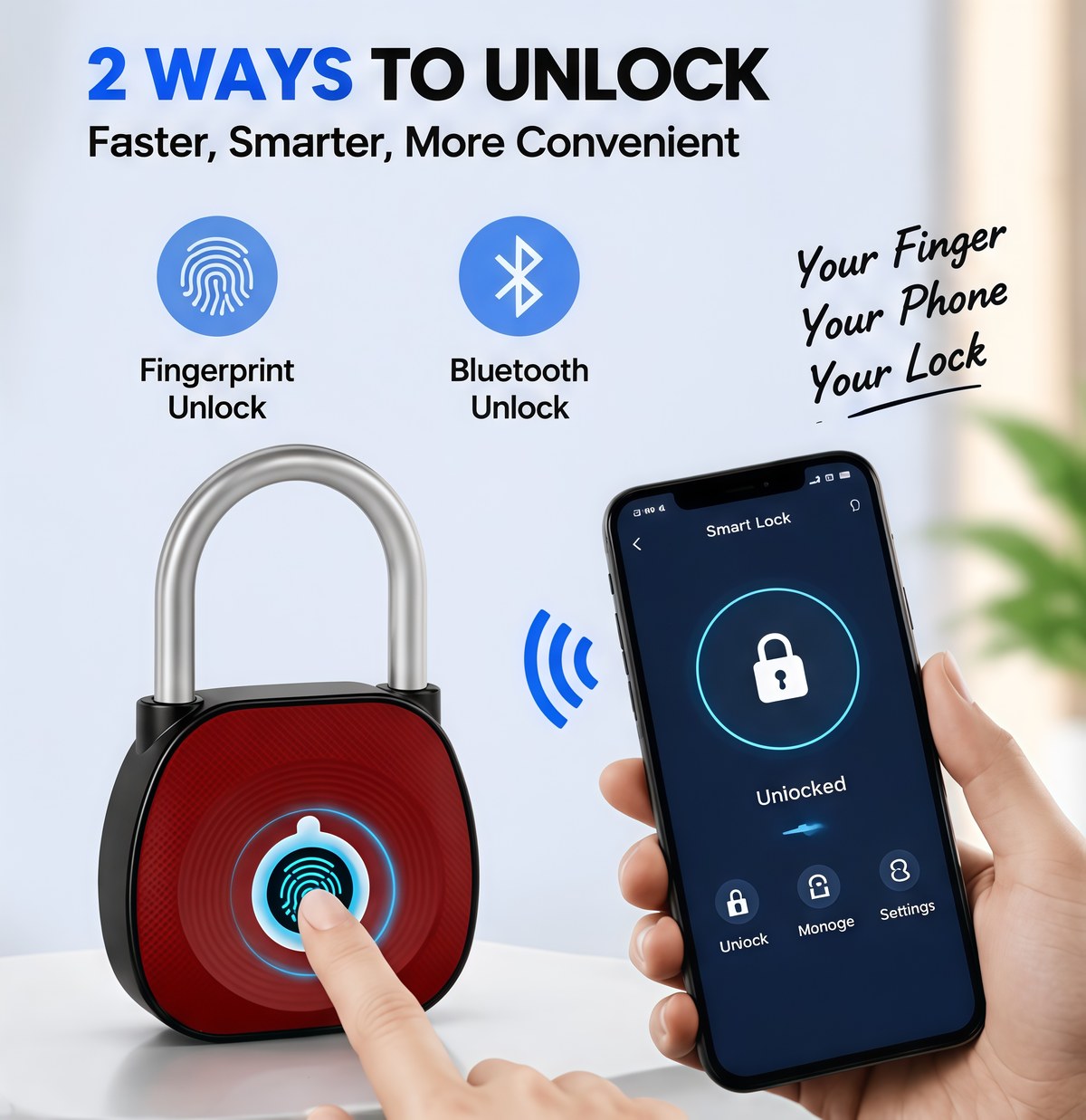 Two ways to unlock fingerprint and Bluetooth on smart padlock with phone