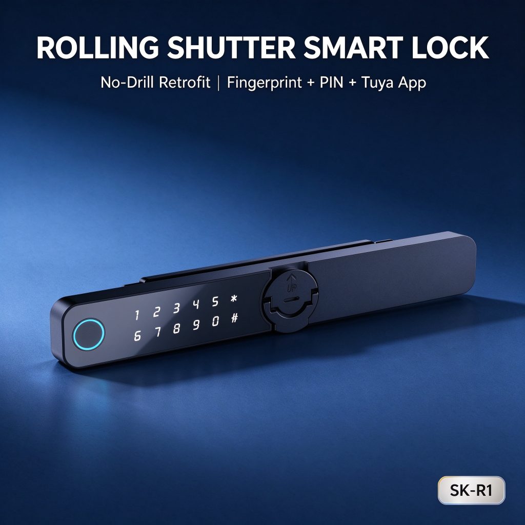 Rolling Shutter Door Smart Lock SK-R1 — No-Drill Retrofit Fingerprint Password Tuya App Lock for Roller Garage Warehouse Doors
