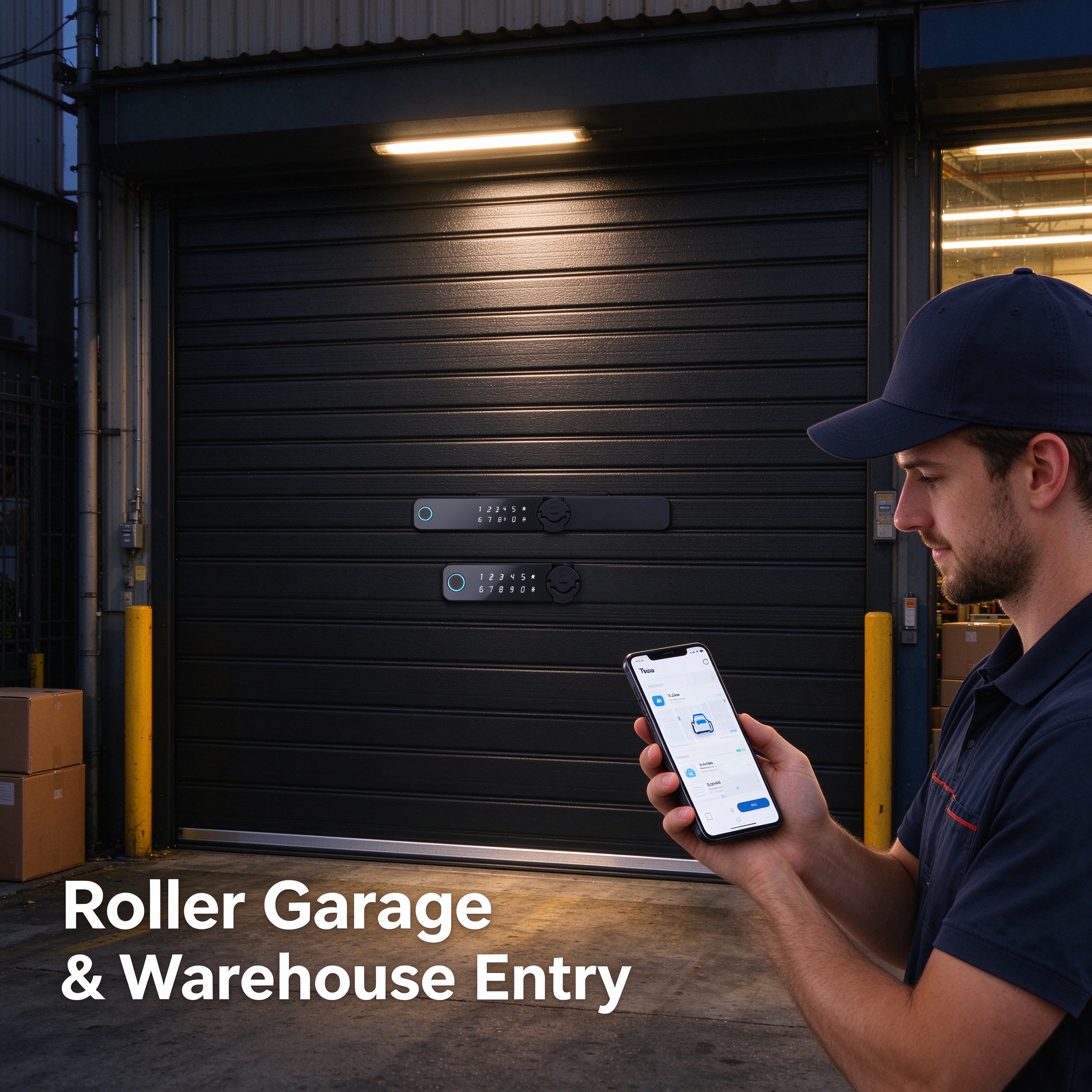 Rolling shutter smart lock installed on a warehouse roller door, worker opening with Tuya app