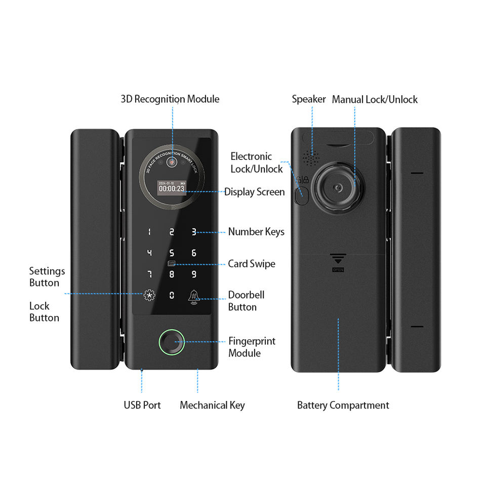 Parts of the SK-GS5 glass door lock - 3D module, display, fingerprint, USB, battery