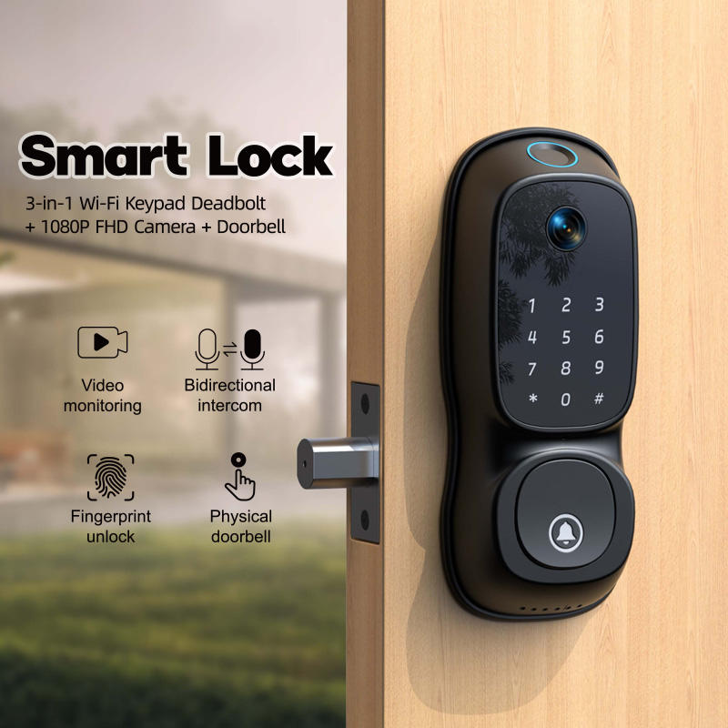 US-D08 waterproof WiFi smart lock with 1080P camera and video doorbell on a door