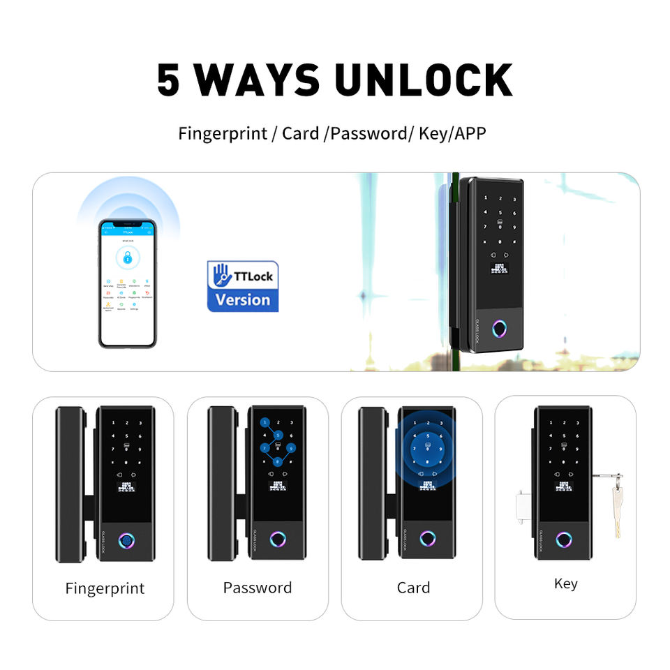 5 ways to unlock a smart glass door lock - fingerprint, card, password, key and app