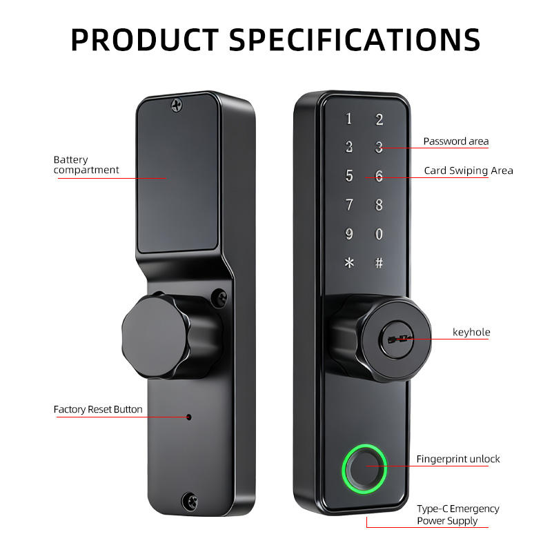 SK-K3 commercial storefront smart lock diagram showing keypad, fingerprint, keyhole and Type-C emergency power
