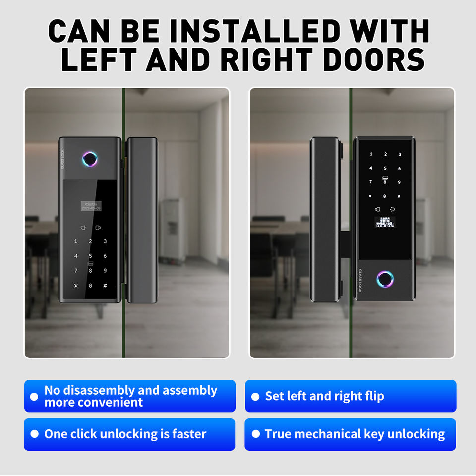 Smart glass door lock installed on left and right opening doors
